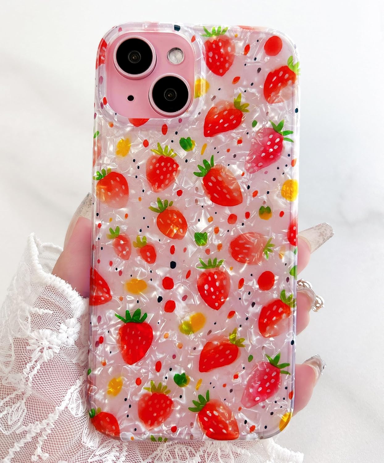 Qokey Compatible for iPhone 15 Case 6.1", Fresh Spring Strawberries Design, Soft Bumper Lightweight Slim Fit Shell Pattern, TPU Shockproof Phone Cover, Pink Strawberry - Image 3