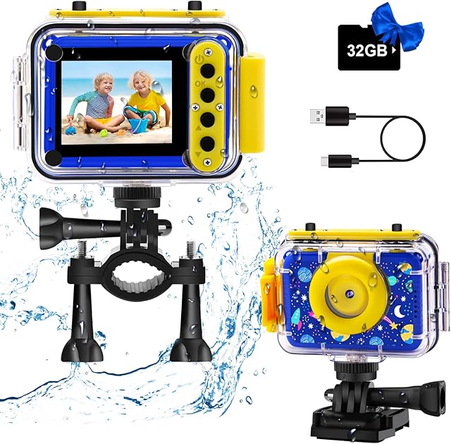 GKTZ Kids Waterproof Camera - Kids Digital Underwater Camera Bithday Gifts for Boys Age 4-12 20MP 180 Rotatable Action Sport Camera 1080P HD Camcorder 32GB SD Card
