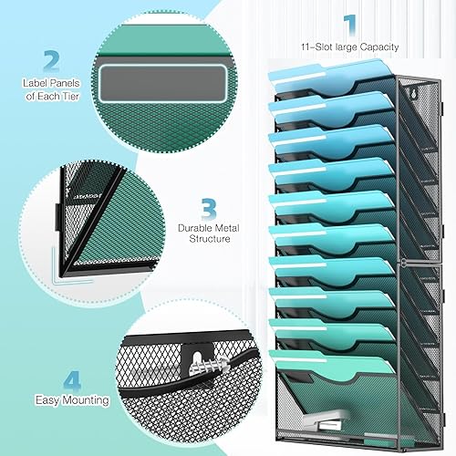 Miniatura 3 de Organizador de archivos de pared de 11 niveles, soporte para archivos de pared, organizador de carpetas de papel, organizador de documentos de malla