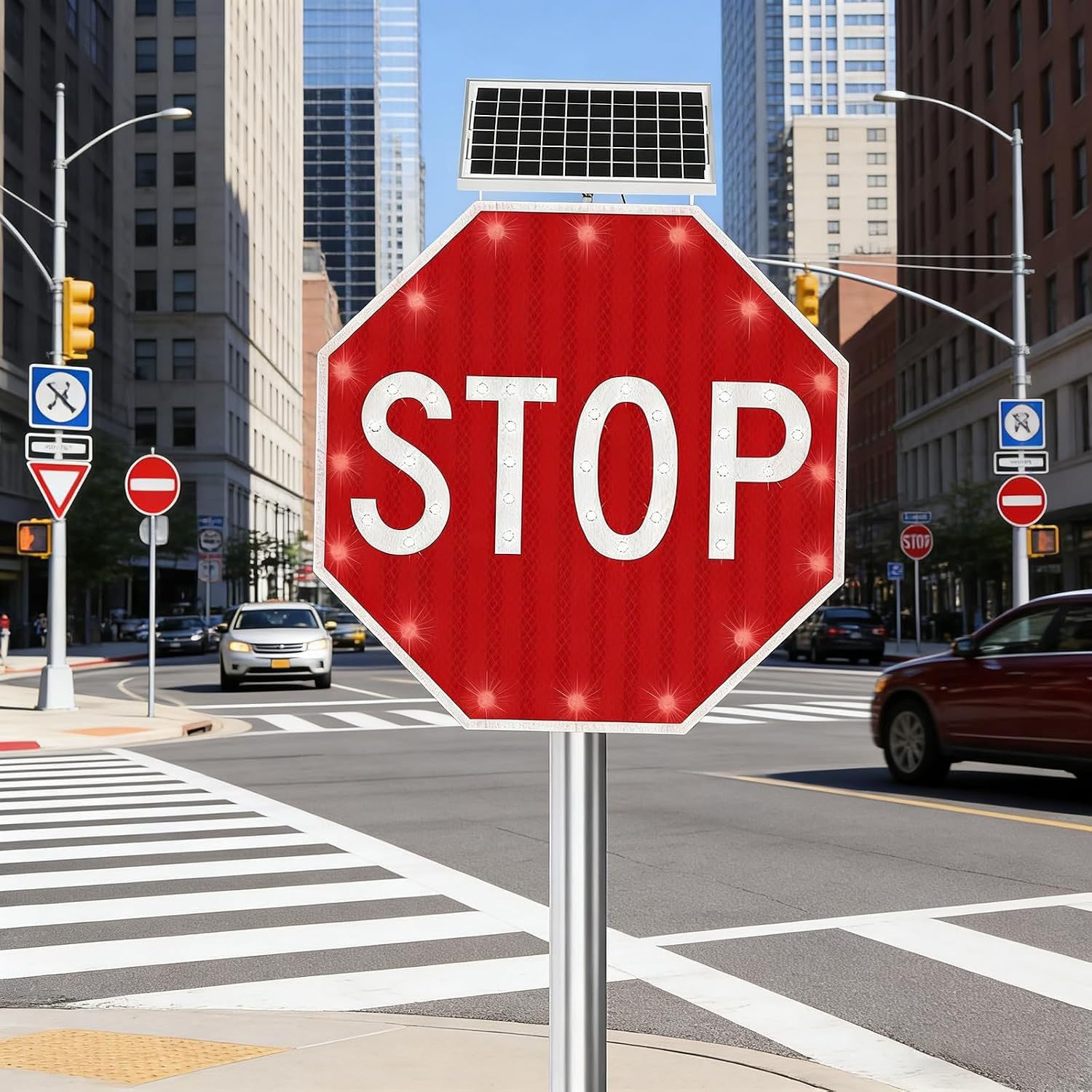 Señal de Stop LED Solar Impermeable,señal de tráfico Intermitente Duradera 24in | Señalización vial solar IP65, protección contra agua, nieve y radiación UV, larga vida útil en exteriores