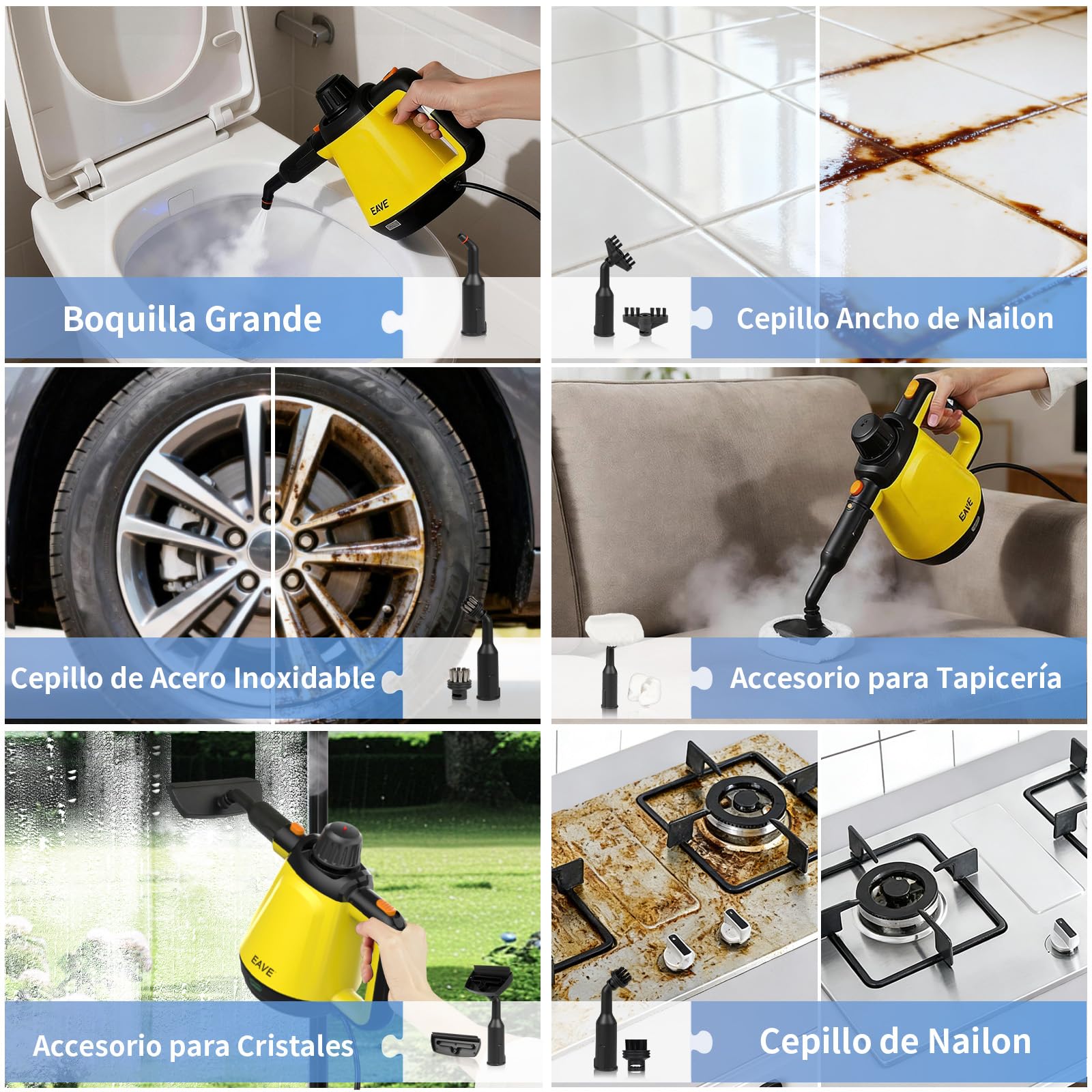 Vaporeta de Mano, 110℃ Limpiador a Vapor para una Limpieza Eficiente, Versátil Vaporeta con 10 Accesorios y Cable de 5m, Steam Cleaner para Sofás, Alfombras, Juntas, Limpieza sin Químicos (Amarillo)