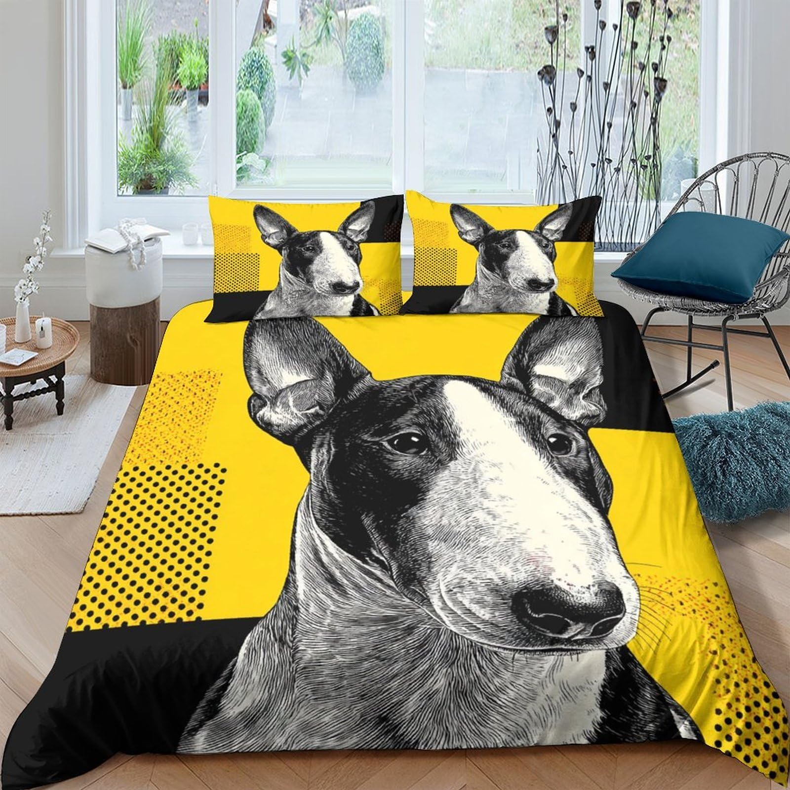 GPLZQXKJNH 3D Printed Bull Terrier Dog Duvet Cover Set Microfiber Yellow Black Bedroom Decor with 2 Pillowcases Single（135x200cm）