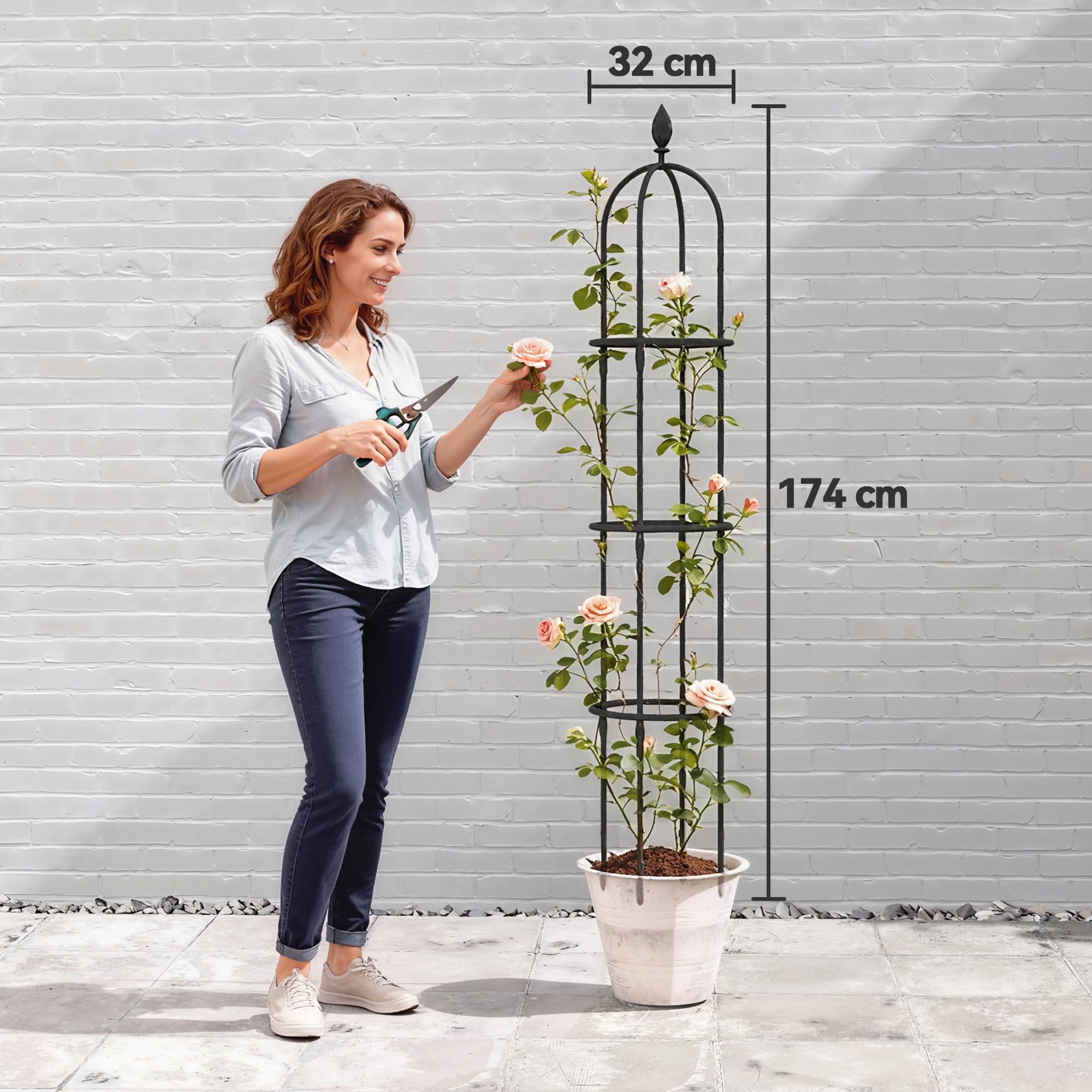 Outsunny Set di 2 Supporti per Piante Rampicanti Alti 1.74 m, Traliccio per Rampicanti da Giardino Alti in Acciaio Rivestito in PE con Decorazioni, per Rose, Pomodori, Fiori, Piselli e Verdure, Nero