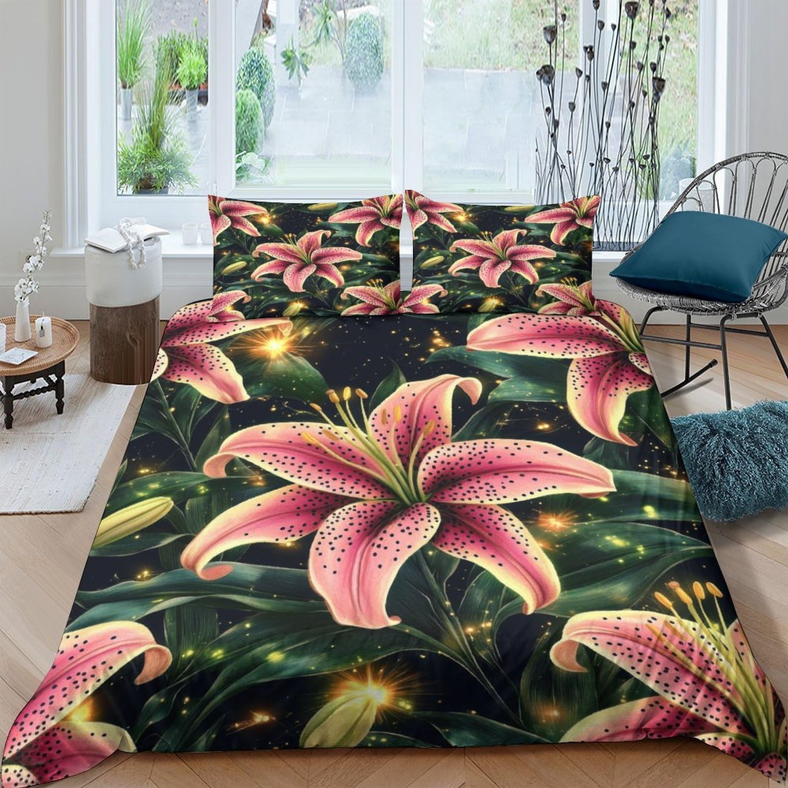 GPLZQXKJNH 3D Printed Pink Lily Floral Duvet Cover Microfiber Breathable Firefly Bedding Set with 2 Pillowcases for Bedroom Decor Single（135x200cm）