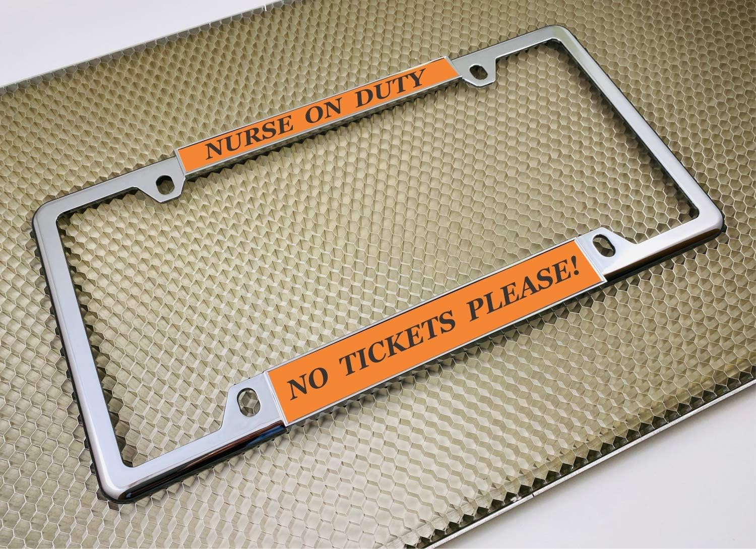 Personalized with Custom Text Design - Thin Top | Narrow Top 4 Hole Chrome Metal Laser Engraved Standard Size - Car/Automobile License Plate Frame with Free caps - Orange/Black Text (Qty: 1 Frame)