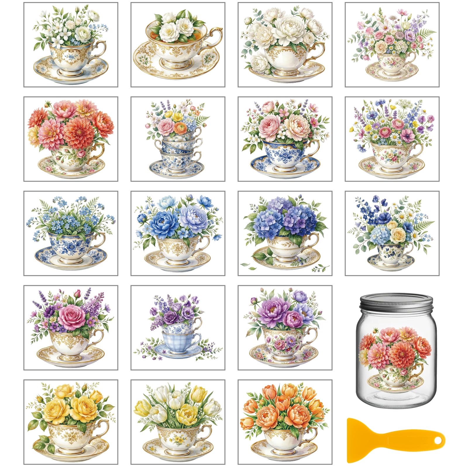 Calcomanías de flores para tazas decorativas en fiestas de té y manualidades