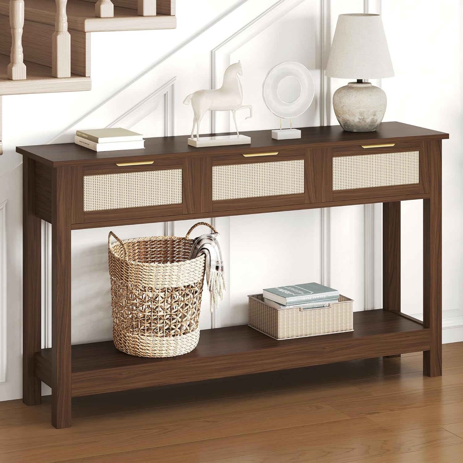 Luoxiao Console Table for Entryway with 3 Rattan Drawers Boho Entry Table with Storage Open Shelf, Narrow Long Sofa Tables for Living Room, Hallway, Foyer, Couch, Front Door, Walnut, 47 Inch
