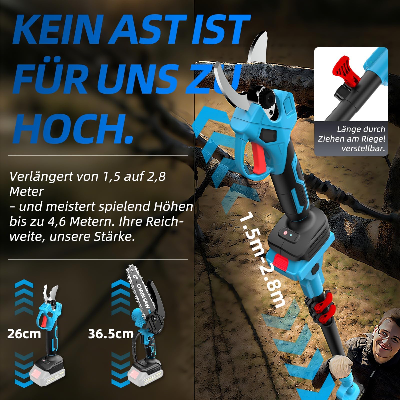 Batterie 4 en 1 - Mini tronçonneuse de 15,2 cm avec télescopique de 2,5 m + sécateur électrique de 35 mm, hauteur de travail jusqu'à 4,6 m, avec 2 piles de 21 V incluses - Idéal pour l'entretien des