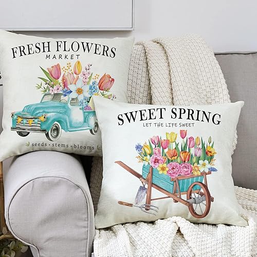 Miniatura 3 de Juego de 4 fundas de almohada de primavera para exteriores de 20 x 20 pulgadas, fundas de cojín decorativas para porche, diseño floral, granja,