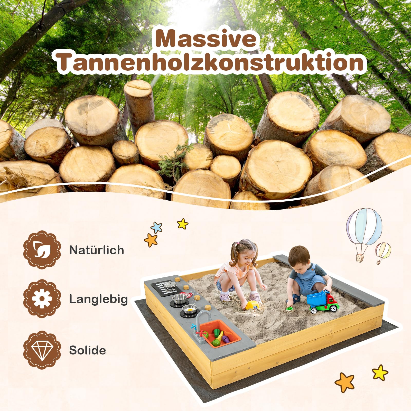 COSTWAY Sandkasten aus Massivholz, Sandkiste mit 9 Küchenzubehör & Wasserhahn & Waschbecken, Sandbox inkl. Bodenplane, Kindersandkasten Outdoor für Garten Strand Balkon