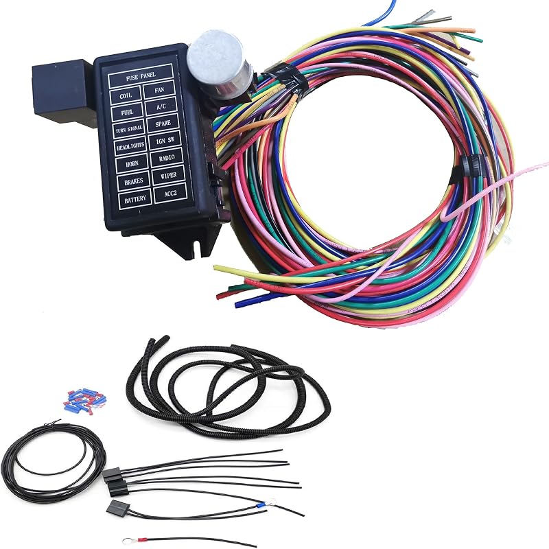 14 Circuit Wiring Harness Kit Extra Long Wires 14 Fuse 12V (New) Replacement for Chevy Mopar Ford Hotrod Universal w/Product Instruction Street Muscle Car, Hot Rod