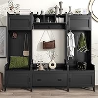 Vista 2 de Merax Árbol de pasillo perchero de pasillo 4 en 1 de estilo moderno con múltiples funciones con siete ganchos negros de metal banco de entrada árbol