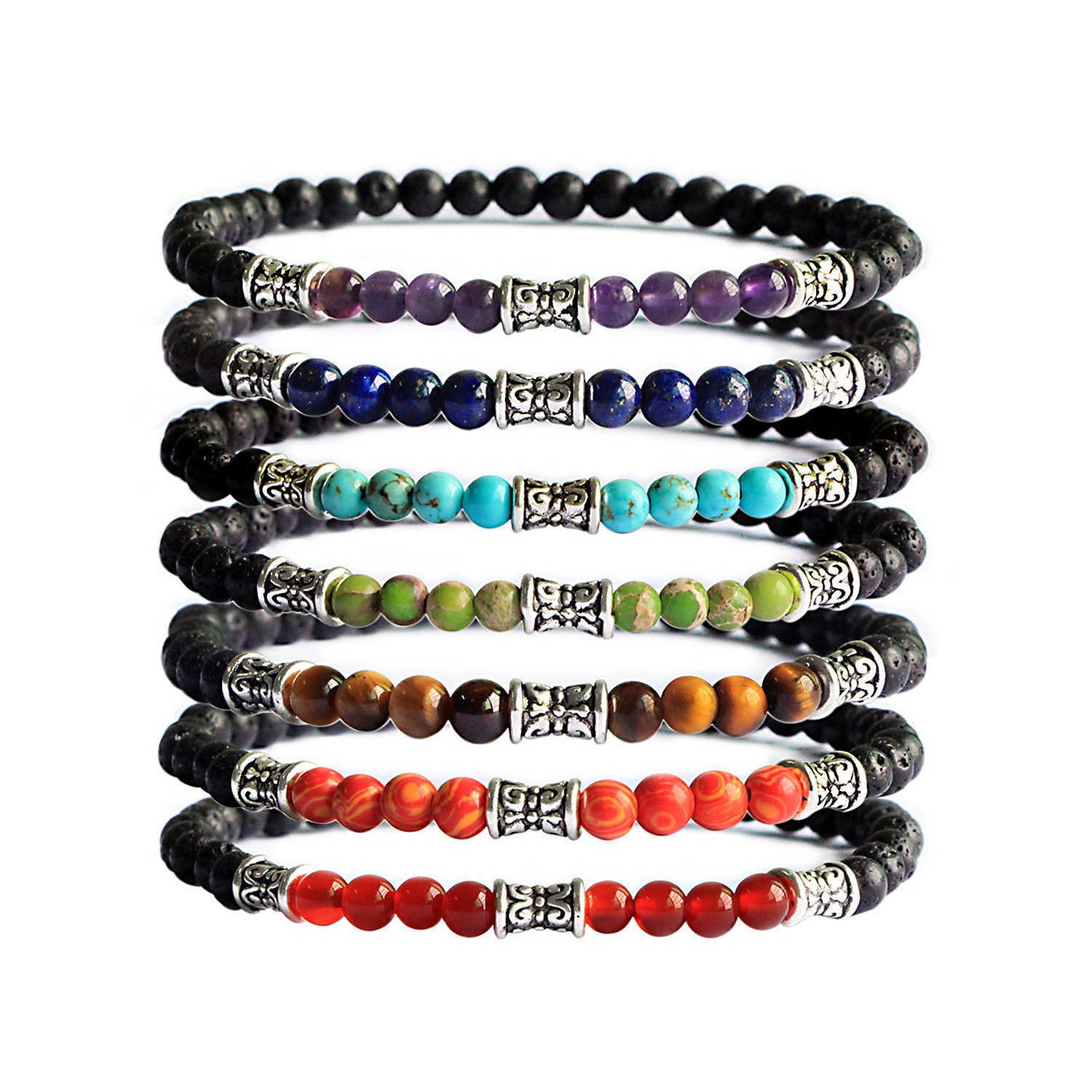 COAI Bracciale Elastico in Pietra Lavica e Pietre Sette Chakra...Bracciale per Oli Essenziali Pietra Lavica e 7 ChakraBracciale in pietra lavica dei 7 chakra