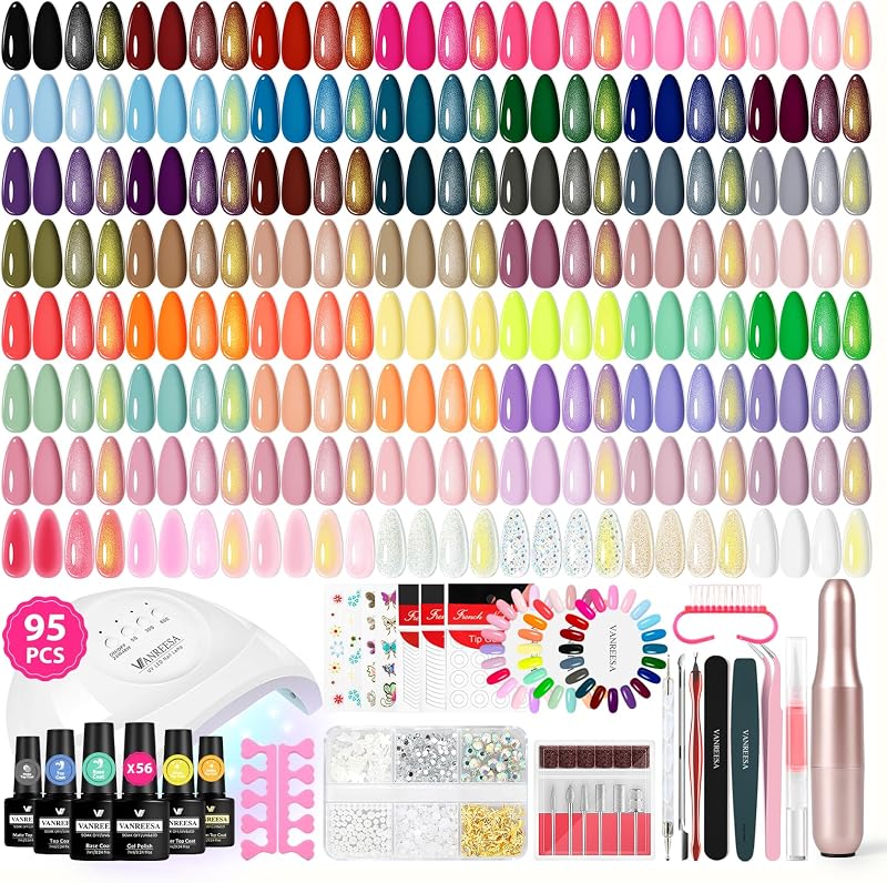 VANREESA Kit de uñas de gel de 95 piezas con lámpara de uñas U V de 48 W y taladro de uñas eléctrico | 56 esmaltes de uñas de gel de colores para todas las estaciones con 1 base y 4 capas superiores, juego completo de esmaltes de uñas de gel para principiantes, regalos para mujeres