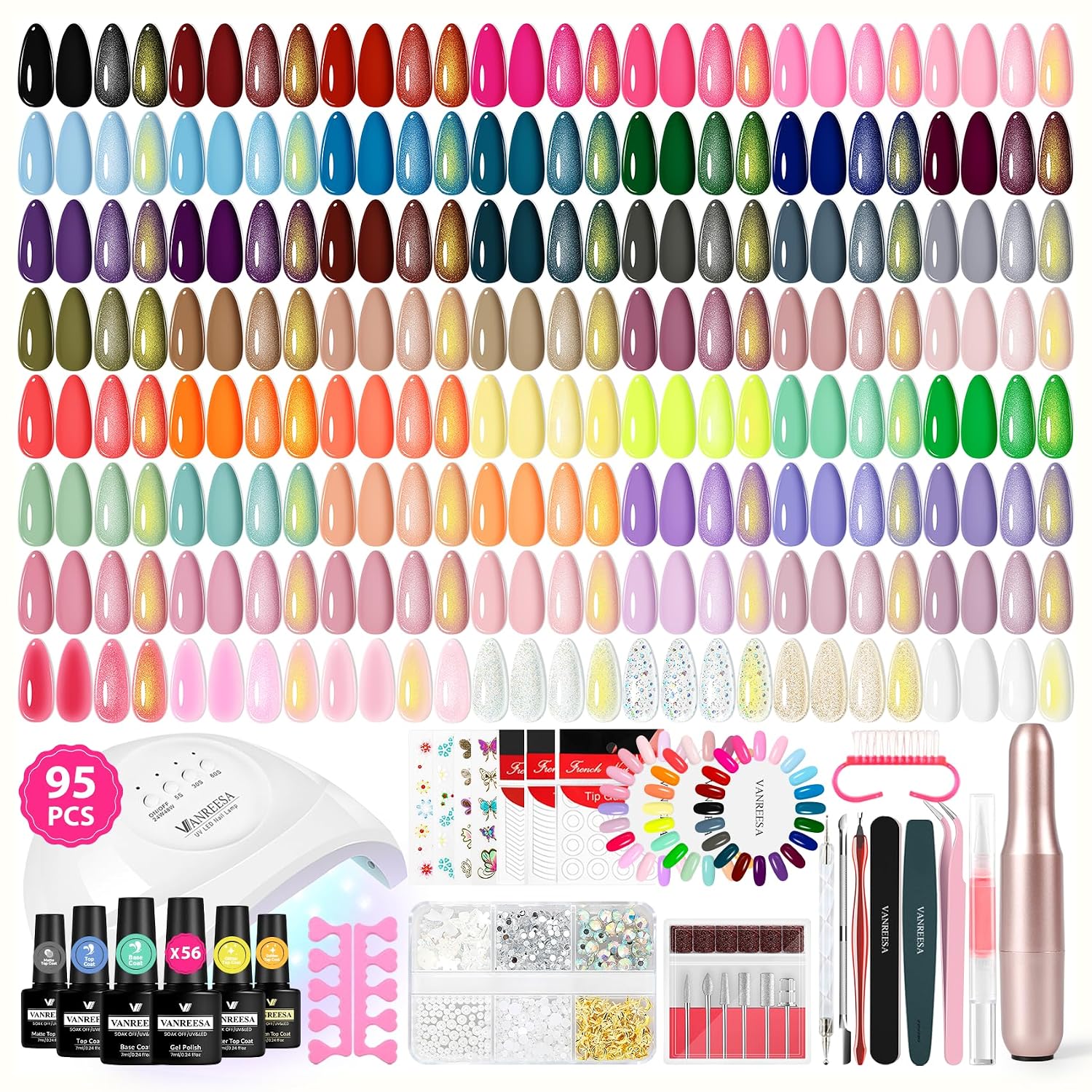 VANREESA 95PCS Gel Nail Kit with 48W U V Nail Lamp and Electric Nail Drill | 56 All Seasons Colors Gel Nail Polish with 1 Base & 4 Top Coat Complete Gel Nail Polish Set for Beginners Gifts for Women