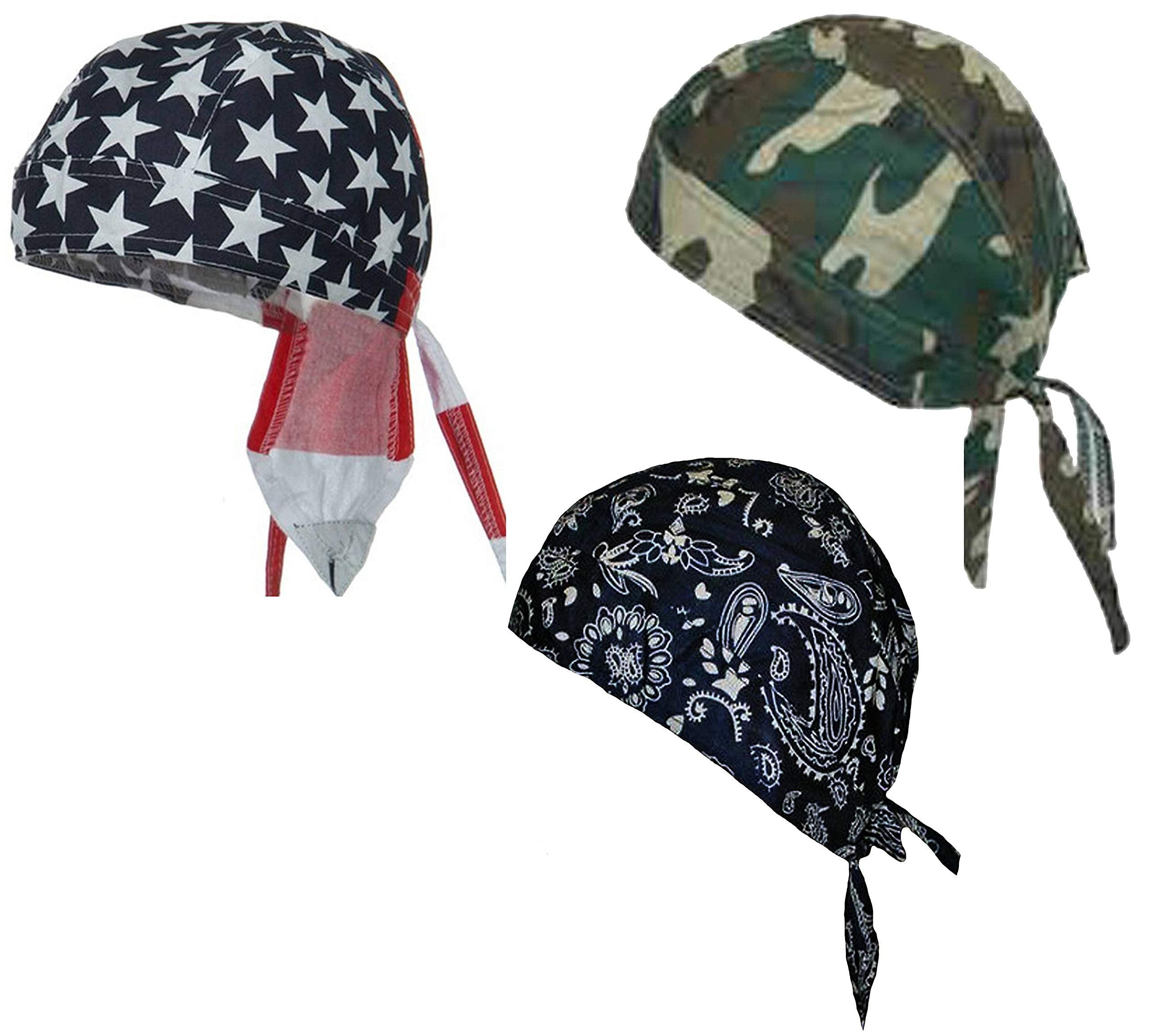 Skull Cap Set Doo Rag Pack American Flag Camouflage Black Paisley