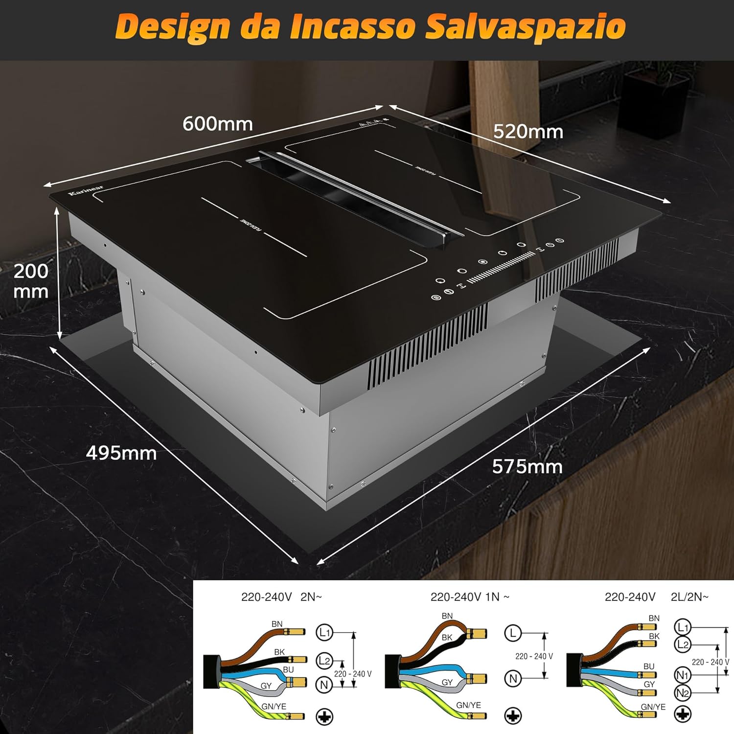 Installation dimensions and wiring diagrams for Karinear induction cooktop