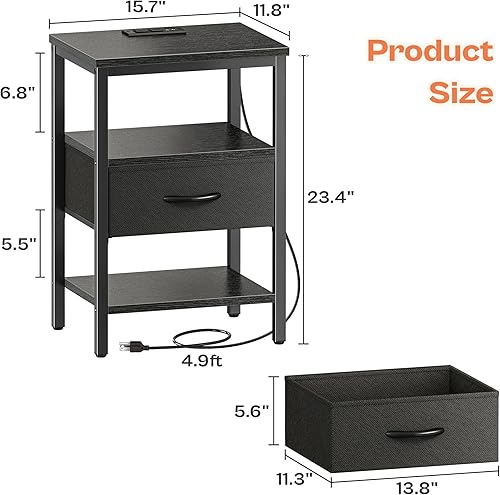 Miniatura 7 de SUPERJARE - Juego de 2 mesitas de noche con base de carga, cajón de tela ajustable, mesita de noche para dormitorio, mesas auxiliares de 3 niveles,