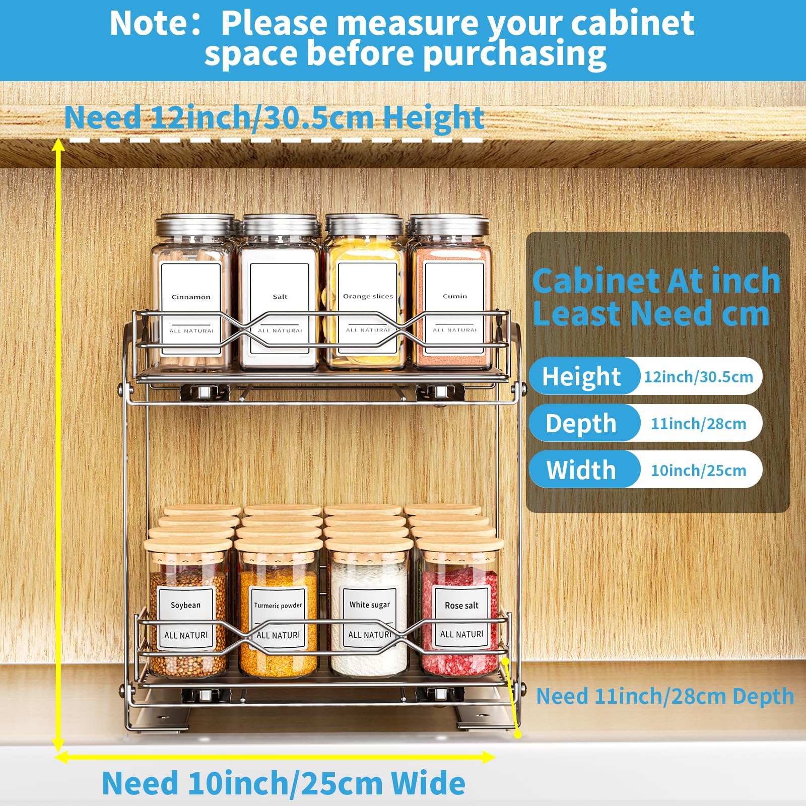 Étagère À Épices Pour Intérieur D'armoire, Organiseur De Placard Coulissant, Étagère À Épices À 2 Niveaux, Organiseur À Épices En Acier Inoxydable À Hauteur Réglable, P23,4*L26.4*H25CM
