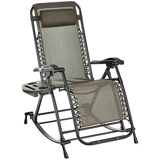 Outsunny Outdoor Rocking Chairs, Foldable Reclining Anti Gravity Lounge Rocker w/Pillow, Cup & Phone Holder, Combo Design w/Folding Legs, Gray