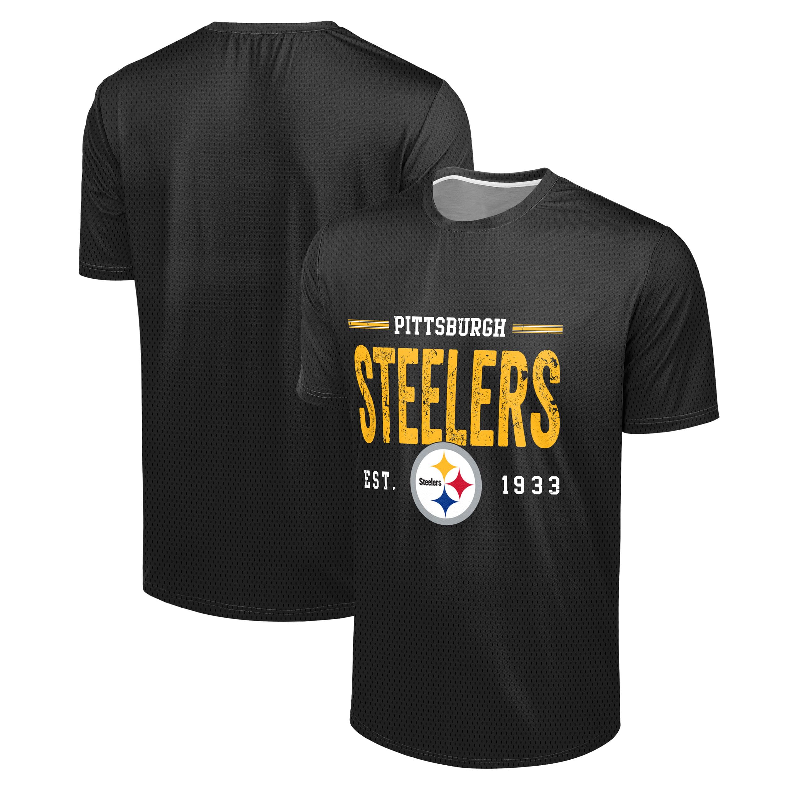 FOCO NFL Men's Officially Licensed Football Team Logo Wordmark Distressed Performance Team Color Crewneck T-Shirt, Pittsburgh Steelers - Black, Medium