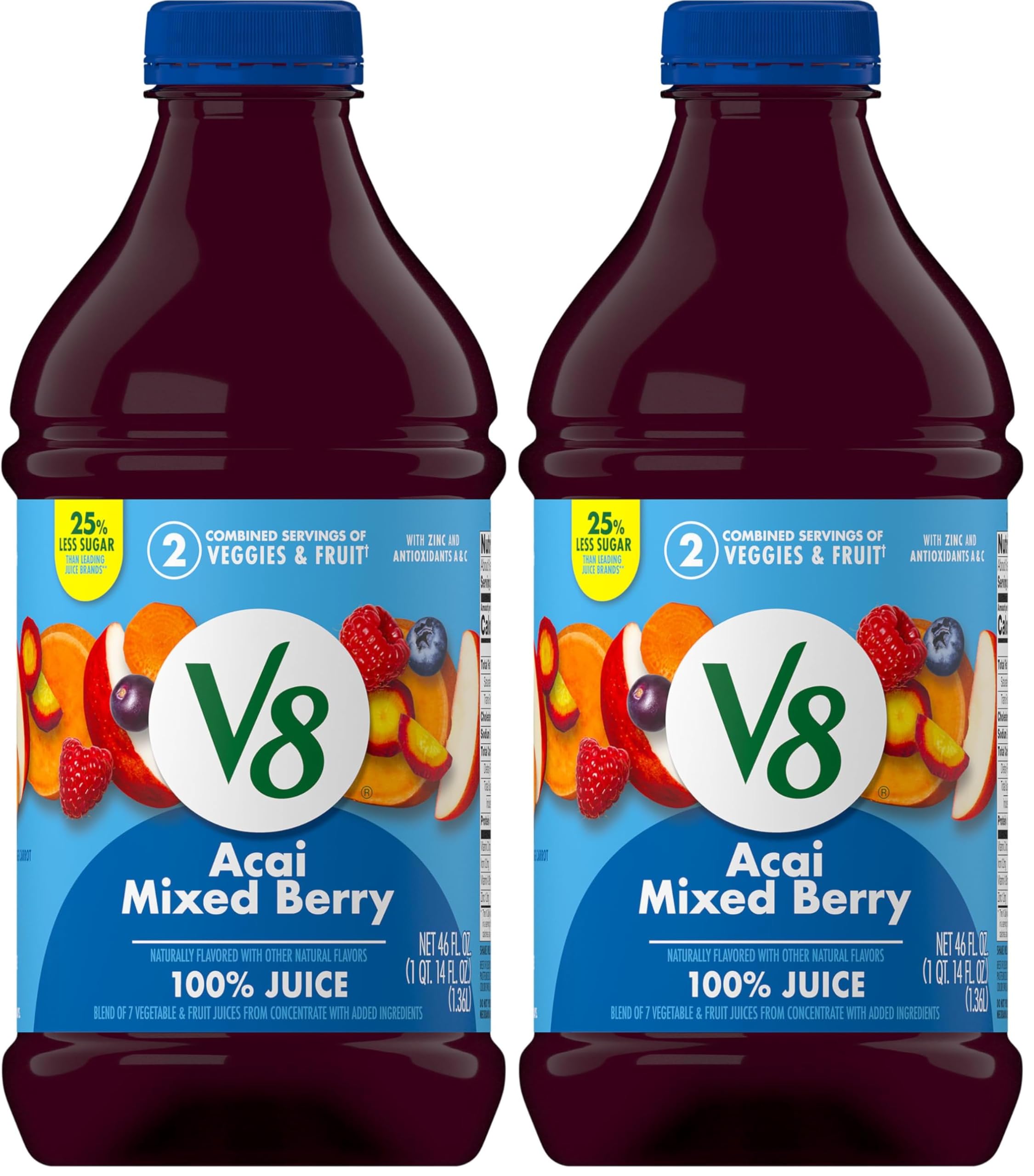 V8 Acai Mixed Berry 100% Fruit and Vegetable Juice, 46 fl oz Bottle (Pack of 2)