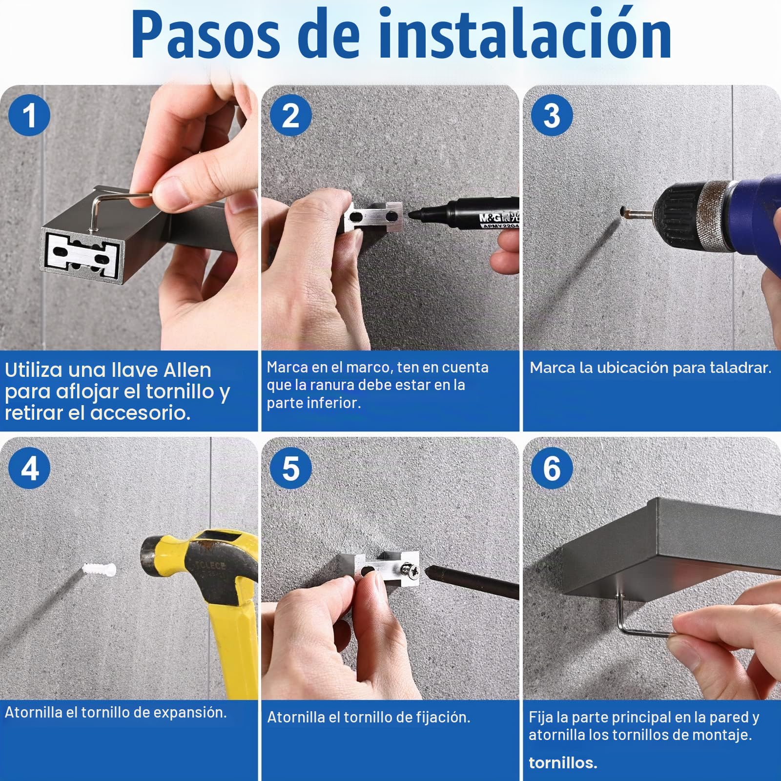 5 Piezas Toalleros de Baño, Accesorios Baño Papel Higiénico Instalación de Punzón de Superficie Acabado Cepillado Plata, 2 Ganchos