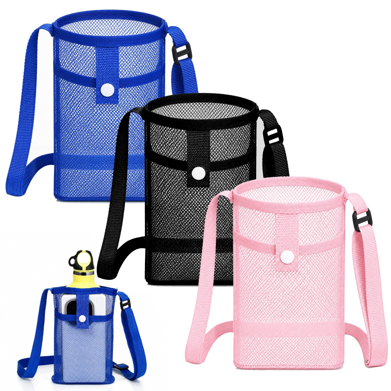 QFGasre Water Bottle Holder With Strap, 3 Pcs Mesh Water Bottle Carrier