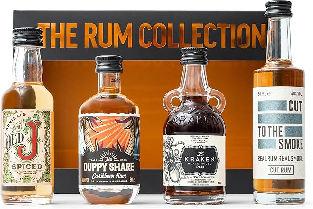 Spiced Rum Gift Set - Kraken Spiced Rum, Gift for Him - x4 5cl Alcohol Miniatures, Old J Rum, Duppy Share, Jamaican Cut Rum, Dark Rum Mens Gift Sets - Birthday, Christmas - Flavoured Rum Gifts for Men