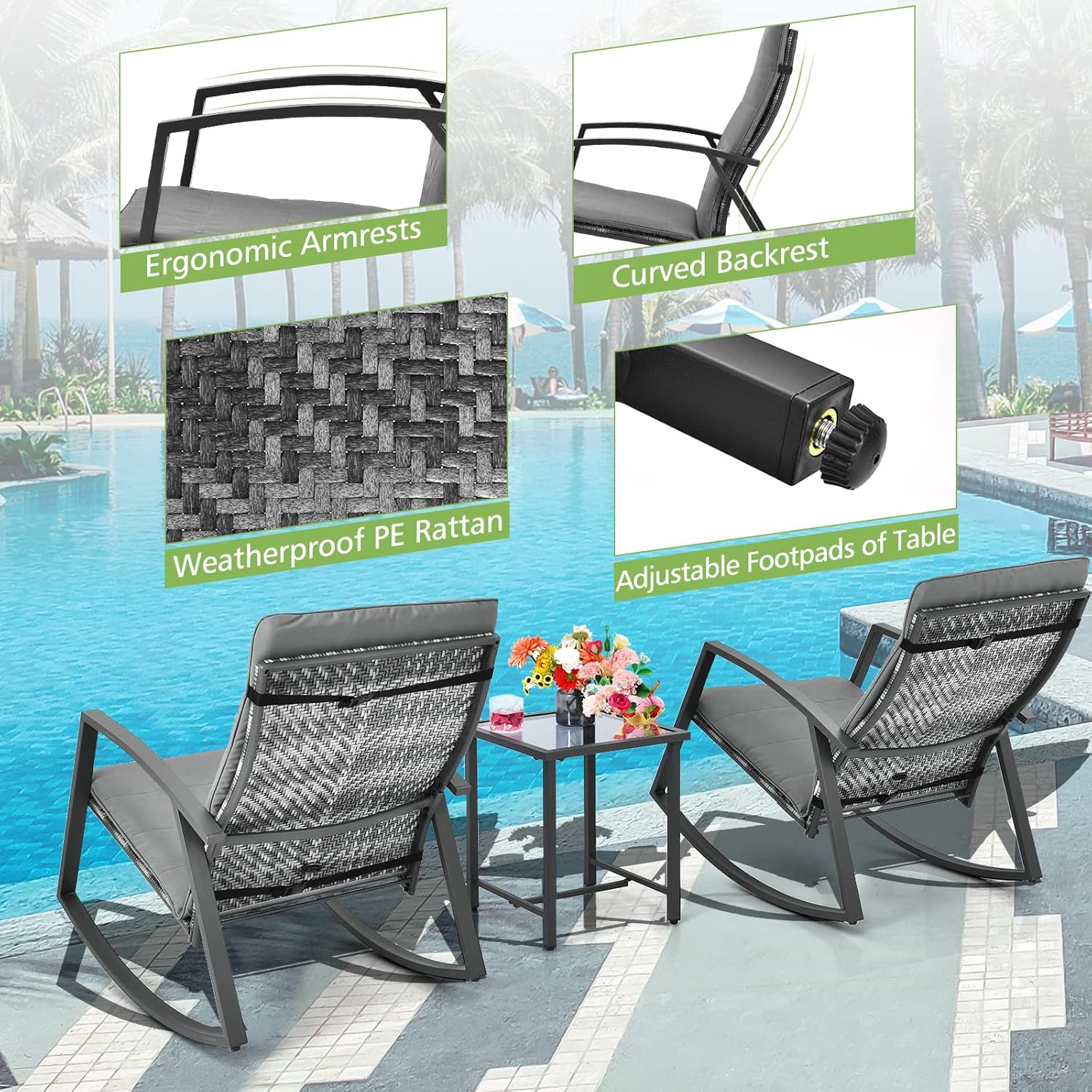 HAPPYGRILL 3 Piece Rocking Bistro Set, Patio Rattan Rocking Chair Set with Coffee Table & 2 High Back Cushions, Rocking Furniture Set for Garden Porch Backyard Poolside