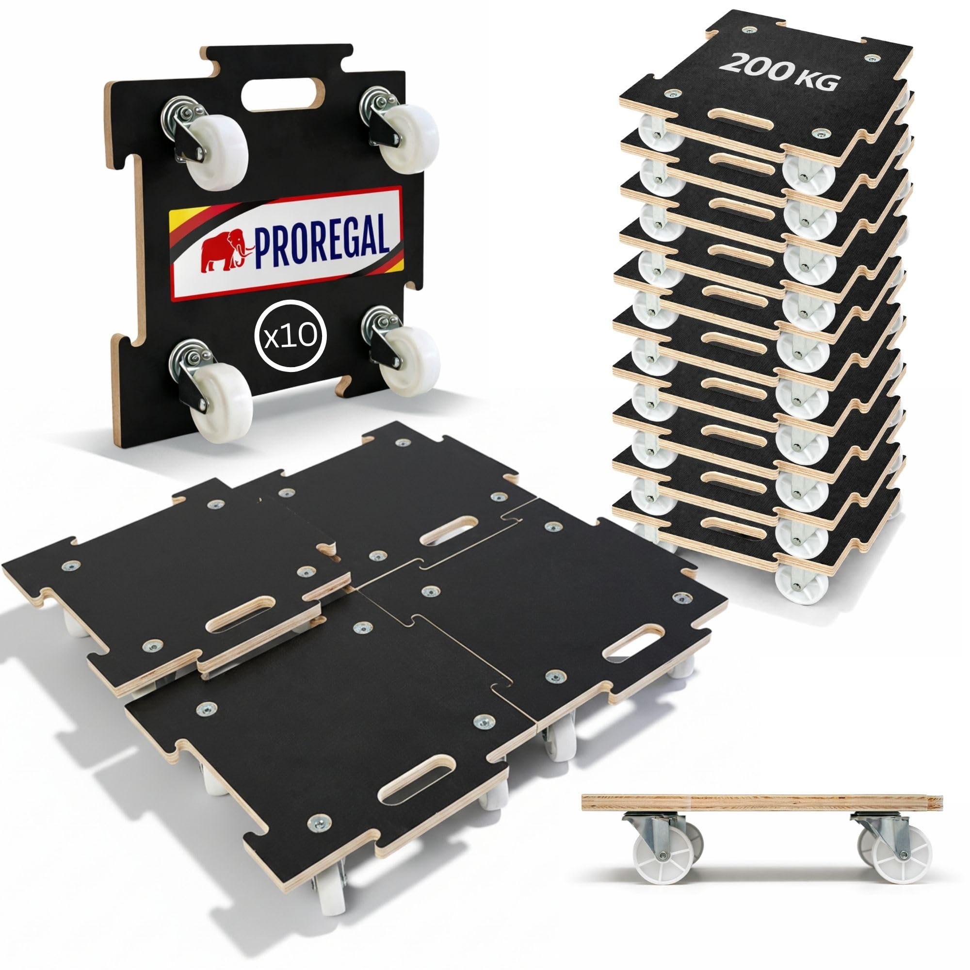 PROREGAL Profi Transportroller Hercules modular 39x39 cm Schwerlast bis 200 kg mit 4 Gummirollen & Griff, Puzzle Siebdruckplatte, 10er Set Rollbrett Möbelroller erweiterbar Transporthilfe verstellbar