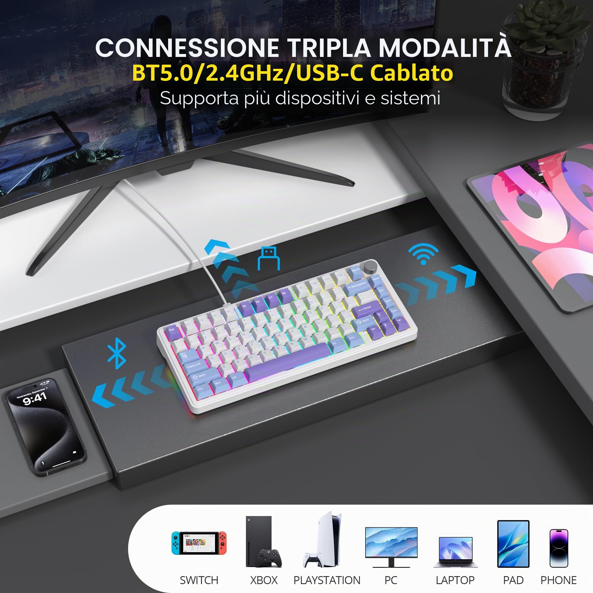 M75 Tastiera meccanica wireless con manopola, Tastiera da gioco meccanica compatta 75% RGB sostituibile a caldo BT5.0/2.4G/USB con Creamy Switch-5 schiume fonoassorbenti - QWERTY americana
