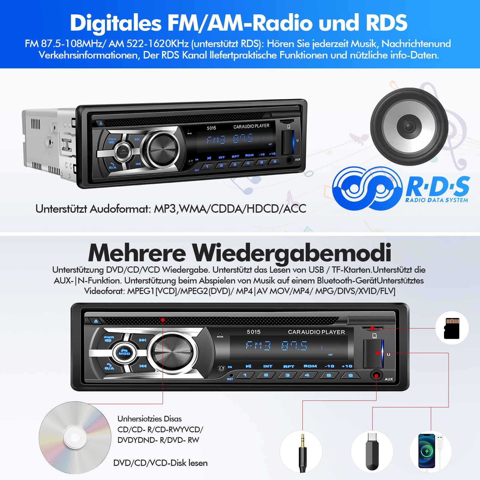 Autoradio mit CD Bluetooth Freisprecheinrichtung, Bluetooth 1 Din Autoradio USB/TF/ MP3 Player/AUX in,FM/AM Auto Radio,RDS,RCA,Auto Finden Funktion,60W*4,Schnellladefunktion