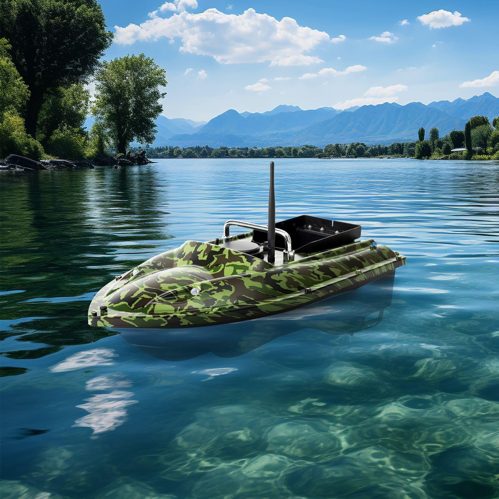 Barca da esca, Barca da esca telecomandata 500M, Doppio motore, Crociera automatica, Batteria 5200mAh, Luci LED, Ideale per pesca in lago/fiume (Mimetica)