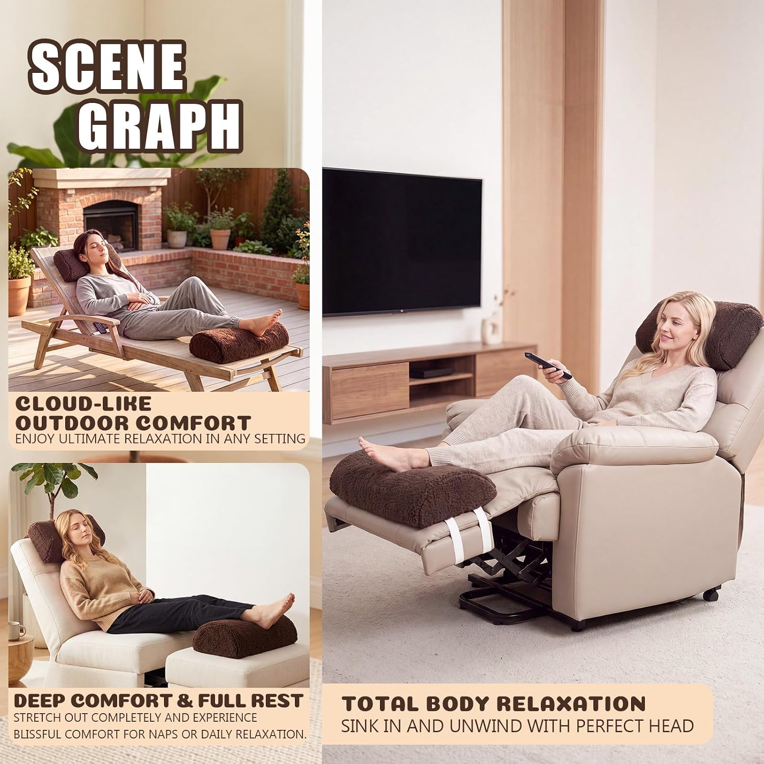 Junkin 2 Pcs Recliner Foot Pillow Cushion and Recliner Headrest Pillow Set High Resilience Sherpa Memory Foam Bolster Sleeping Rest Leg Pillows for Bed Chair Sofa Headrest Back Neck Leg Support