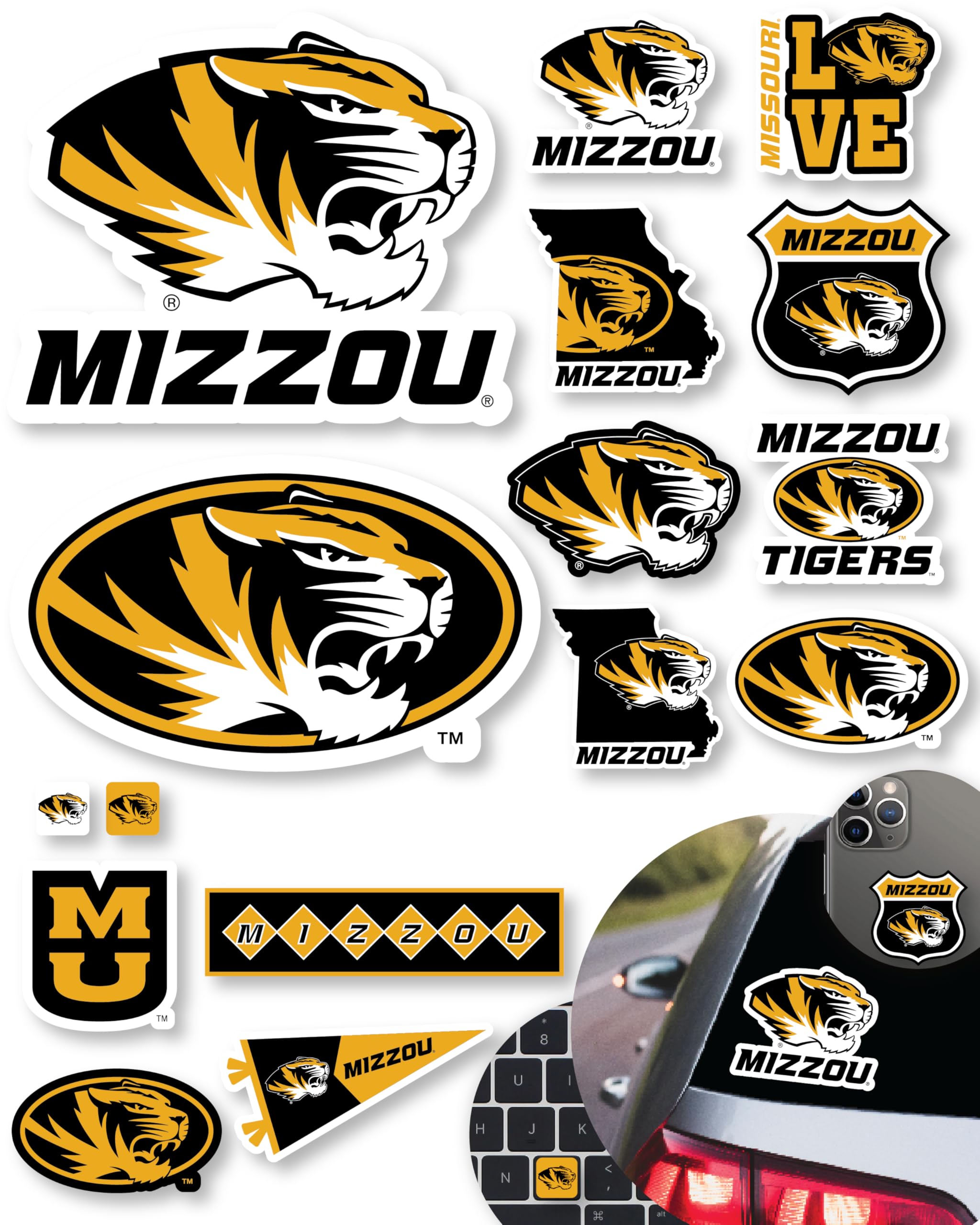 Mizzou Tigers Sticker Variety Pack on Car Water Bottle Phone 14 Pc Gift Set