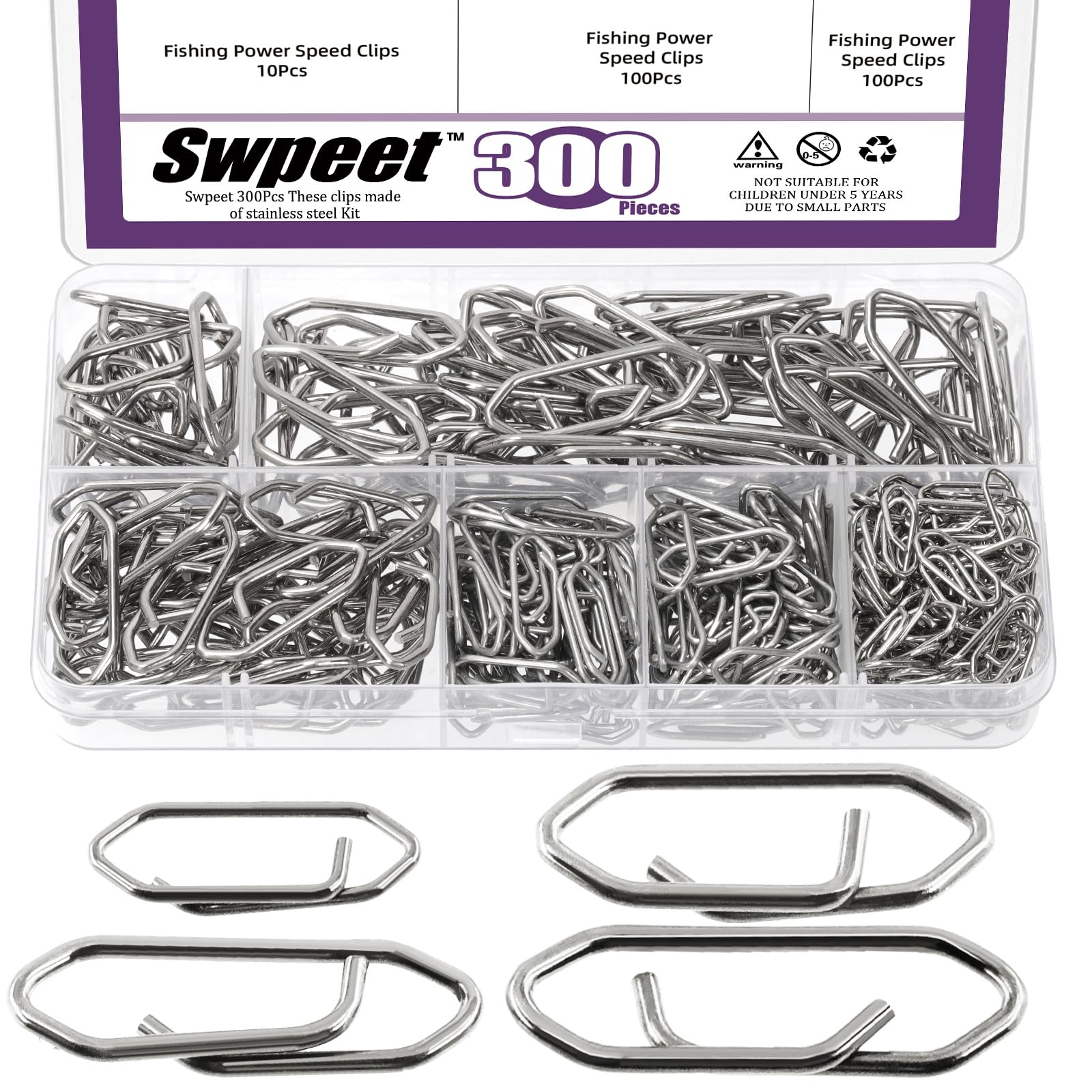 Swpeet 300Pcs 4 Sizes Silver Stainless Steel Fishing Power Speed Clips Kit, High Strength Fishing Clip Lure, Fast Link Snap Connector, Saltwater Lure Connector Tackle for Quick Change