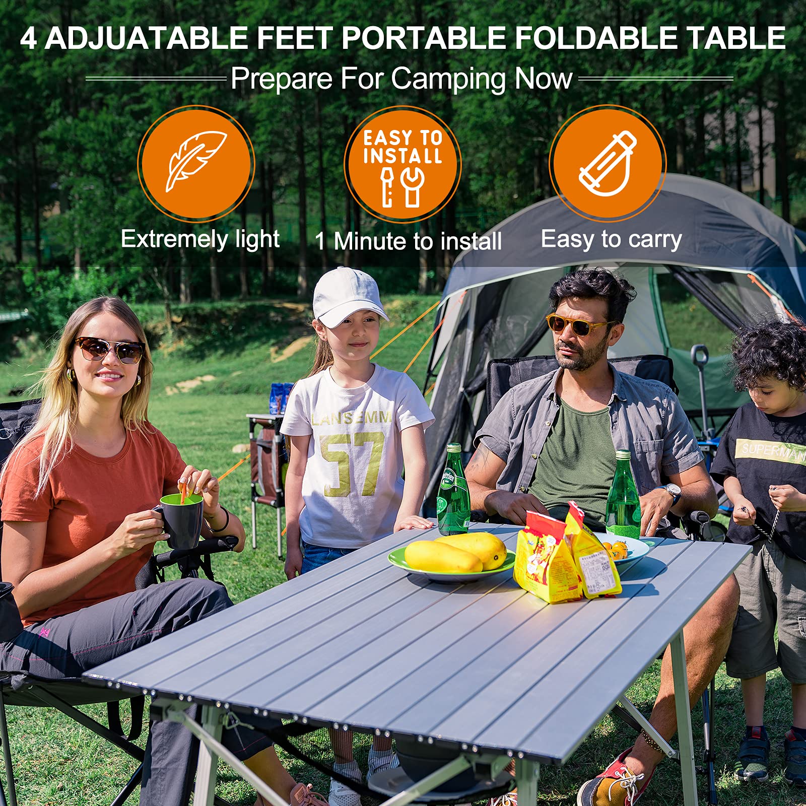 Portal Campingtisch faltbar Höhenverstellbar Klapptisch Aluminium 90 x 53cm für 4 Personen leicht Camping klappbarer Falttisch