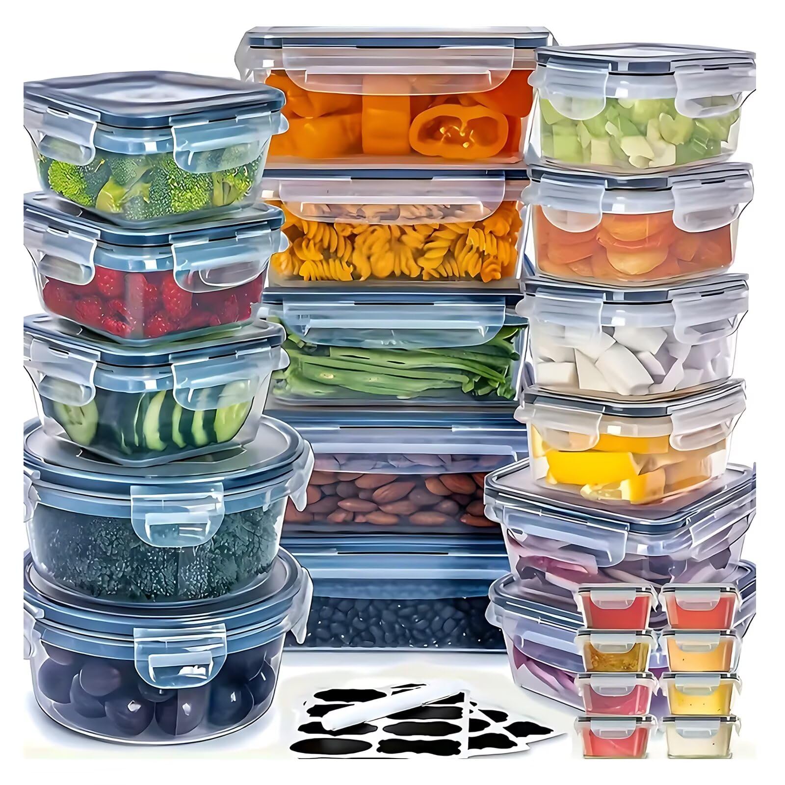 Juego de 48 recipientes herméticos con tapa, cajas de almacenamiento para alimentos (24 recipientes+24 tapas), cajas de almacenamiento de cocina, herméticas y a prueba de fugas, sin BPA, aptos para