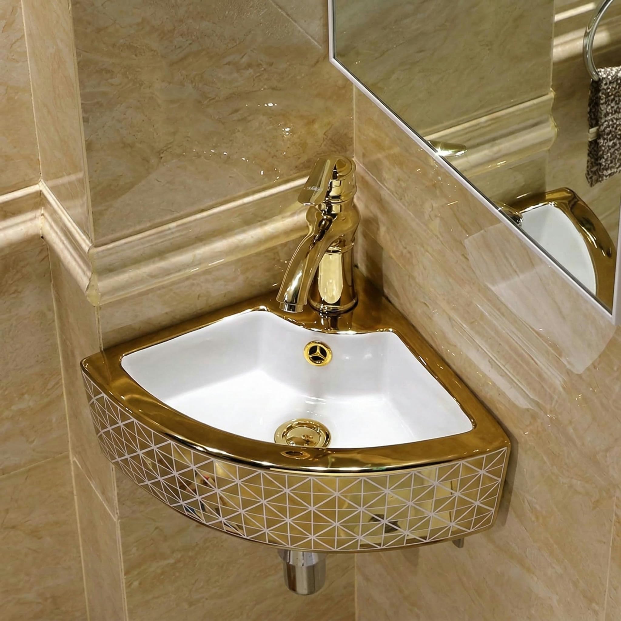 Vasque suspendu blanc et or 44cm pour petite salle de bain moderne