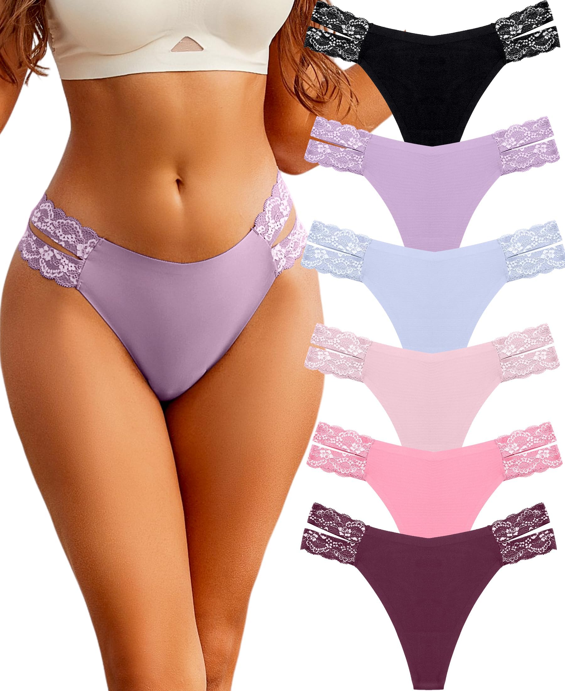Seamless Thongs for Women Sexy Underwear Women Lace Knickers for Women Multipack V Waist Invisible Thongs Pack of 6