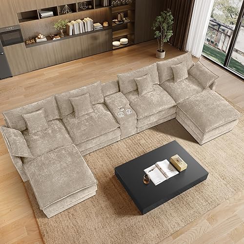 145" U Shaped Cloud Couch Sectionals Comfy Camel Sectional Couches for Living Room Modern Fluffy Oversized Modular Sofas, Chenille Large Big 6 Seat Sofa Set USB Port Central Console Ottoman