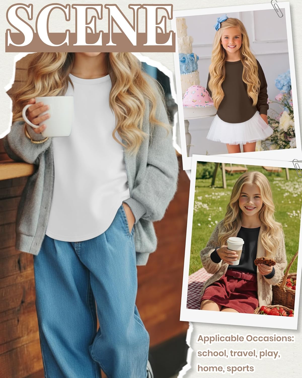 3 Pack Girls Long Sleeve Shirts Kids Crewneck Curve Hem Casual Tops Raglan Sleeve Athletic Comfy Pullover Tees - Image 4