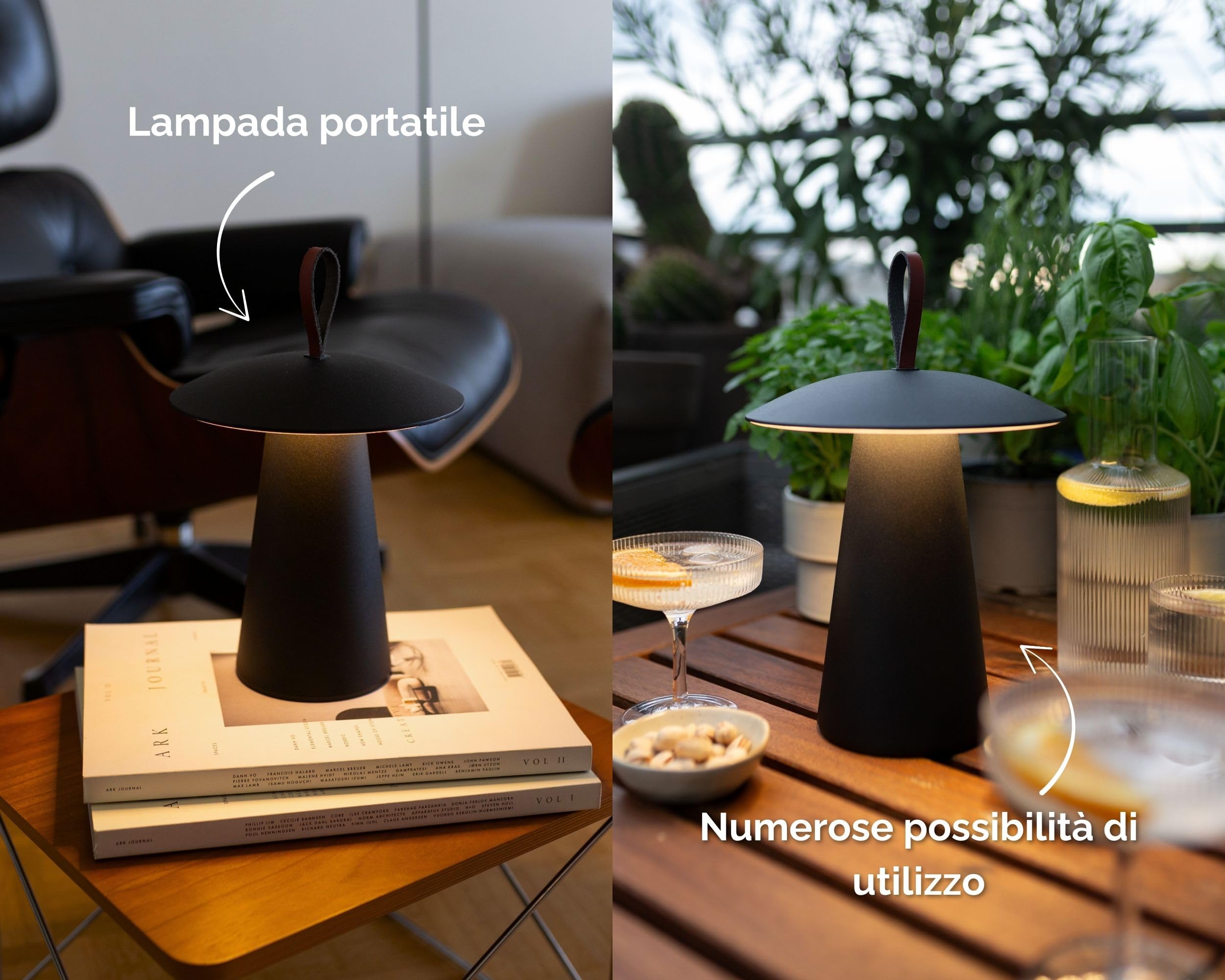 LUUK Studio Lampada da Tavolo LED Ricaricabile Senza fili a Forma di fungo, Controllo Tattile con Regolazione Continua, USB-C, IP54, Lampada Decorativa Moderna Interni, Camera da Letto, Esterni, Nero