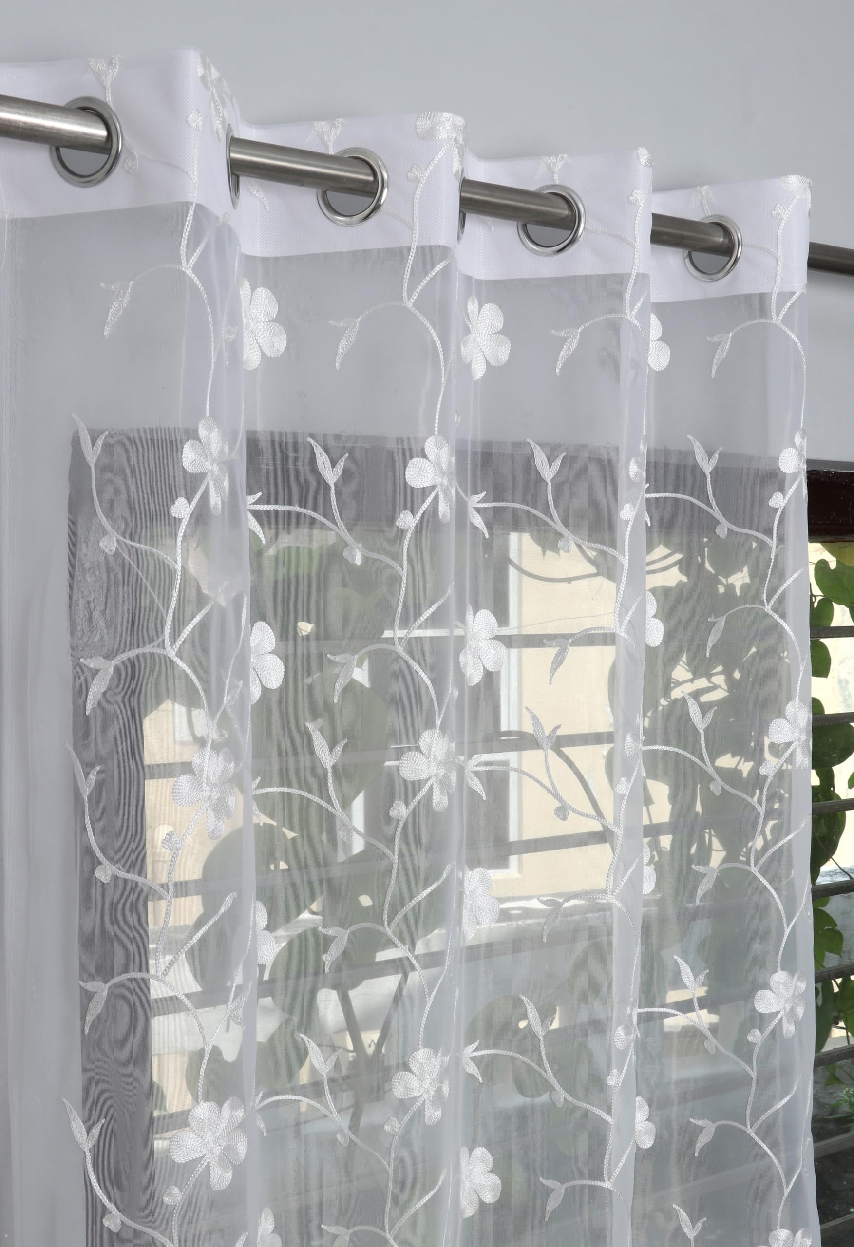 Exporthub 2 Pieces Fancy Sparkling Heavy Quality White Flowers Transparent Net Sheer Curtains 8 feet Long Set of 2, (EHSPR059_84)-picture-30