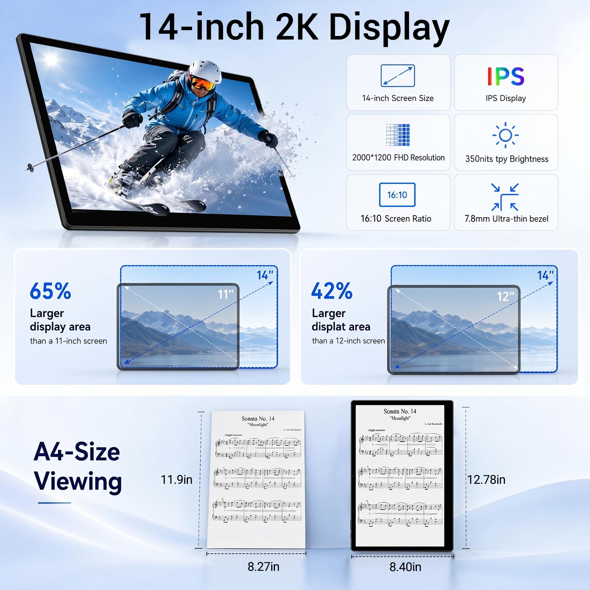 Tablette Android 16, Ecran 14" FHD 2K, 36Go RAM + 512Go ROM(1To Extensible), Android Tablette Tactile avec SIM 4G LTE/5G WiFi/GPS/13MP/Octa-Core/11580mAh, Étui, Écouteurs, Stylo Inclus