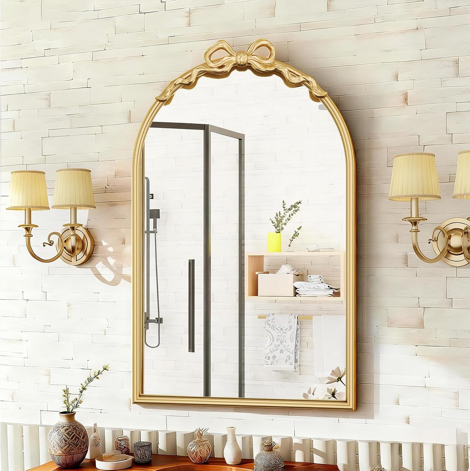 Amazon.com: PERHOM Arched Gold Bow Wall Mirror, 16"x25" Vintage Vanity ...