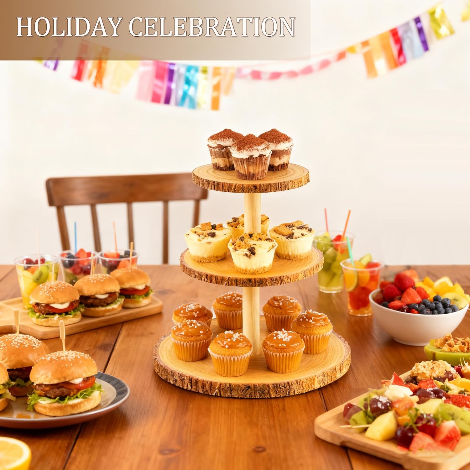3 Tier Cupcake Tower Stand,Round Dessert Display Platter,Wooden Cake Tiered Display Stand for Birthday,Wedding,Wedding,Tea Party Decoration,Baby Shower,Party