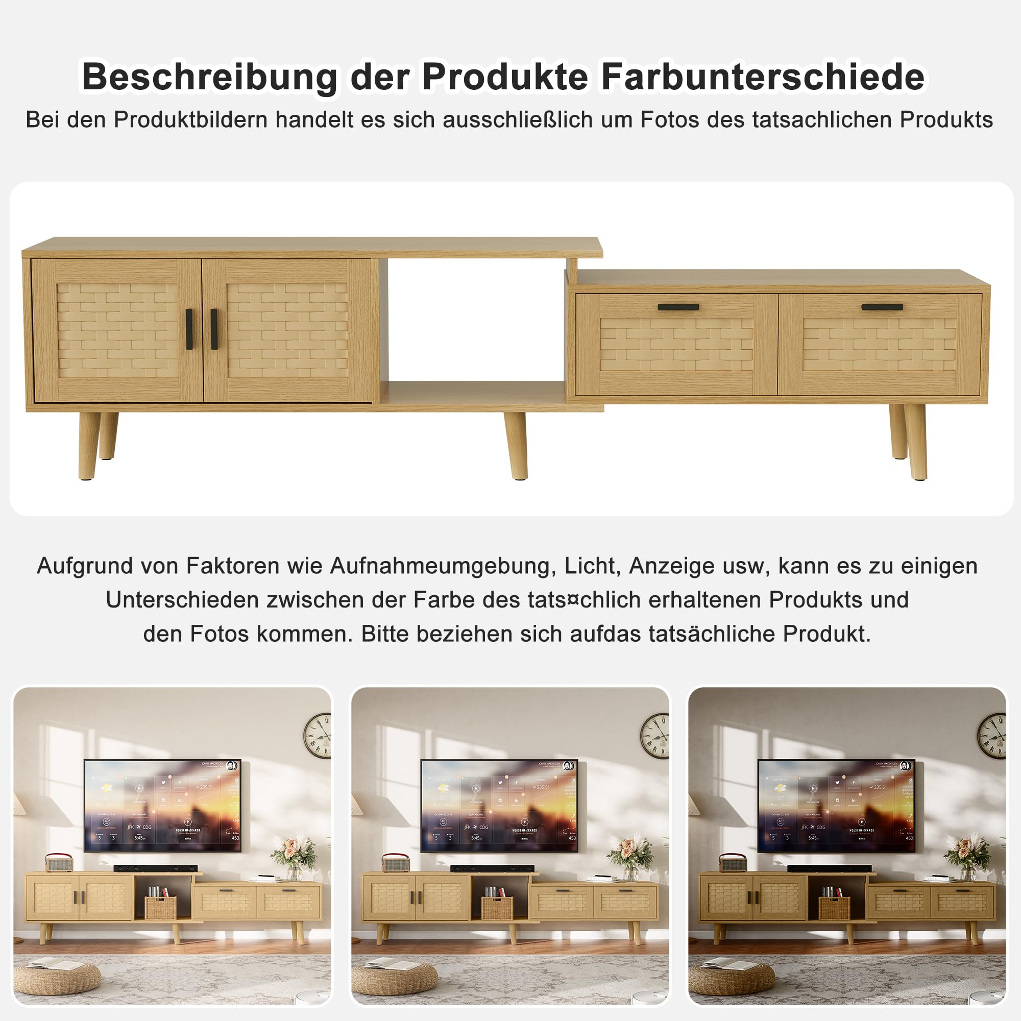 Mobile TV allungabile con 2 ante e 2 cassetti (146-180 cm), TV Lowboard, mobile TV, credenza TV, per soggiorno, camera da letto, TV fino a 75 pollici (rovere)