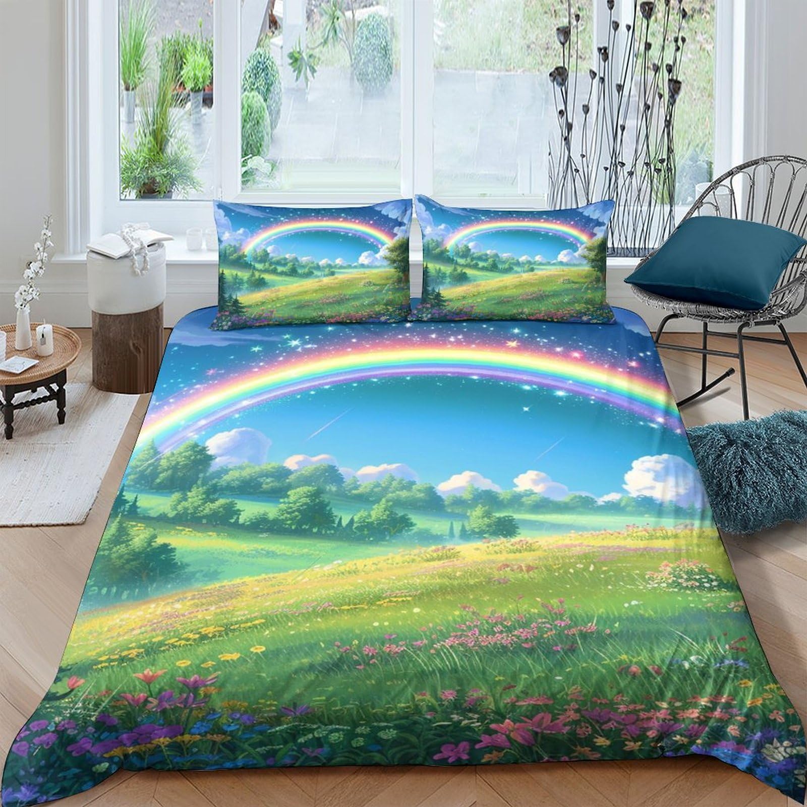 Ctjqhvkz Style-6 3D Printed Rainbow Meadow Fitted Sheet Microfiber Soft Breathable Landscape Bed Cover For Bedroom Guest Room Decor Single（135X200cm）